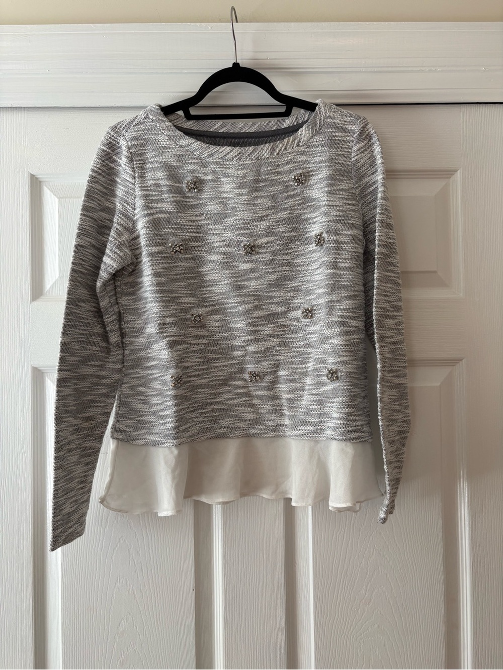 Maison Jules Gray & White Layered Knit Sweater with Jewel Embellishments